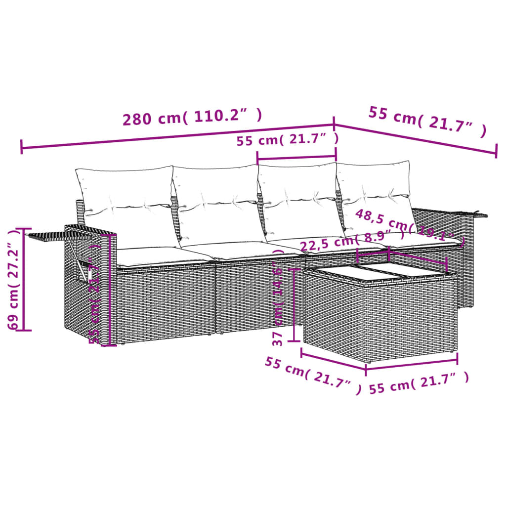 vidaXL Set comedor de jardín 5 piezas y cojines ratán sintético marrón