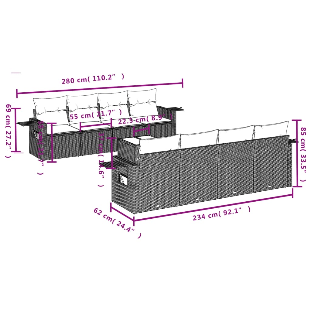 vidaXL Set de sofás de jardín 9 pzas con cojines ratán sintético beige