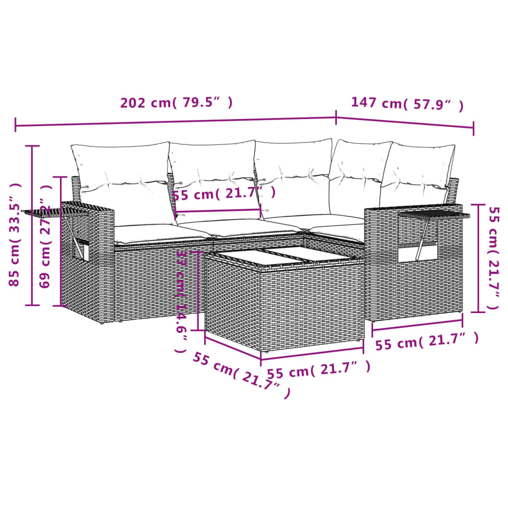 vidaXL Set comedor de jardín 5 piezas y cojines ratán sintético marrón