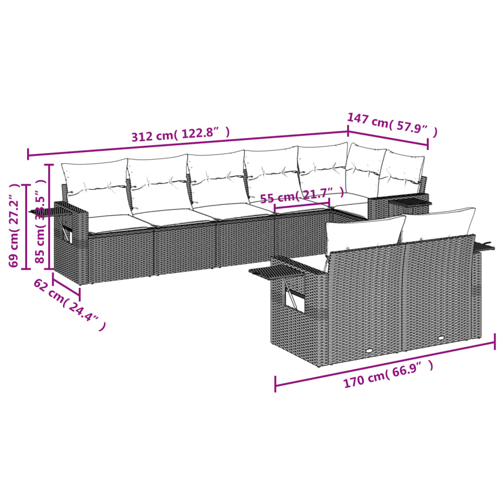 vidaXL Set de sofás de jardín 8 pzas y cojines ratán sintético gris