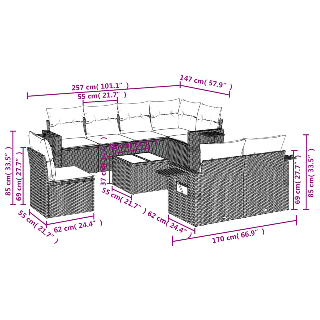 vidaXL Set muebles jardín 9 pzas y cojines ratán sintético gris claro