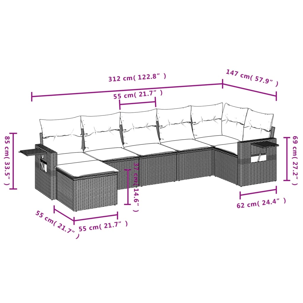 vidaXL Set de sofás de jardín 7 piezas con cojines ratán PE gris