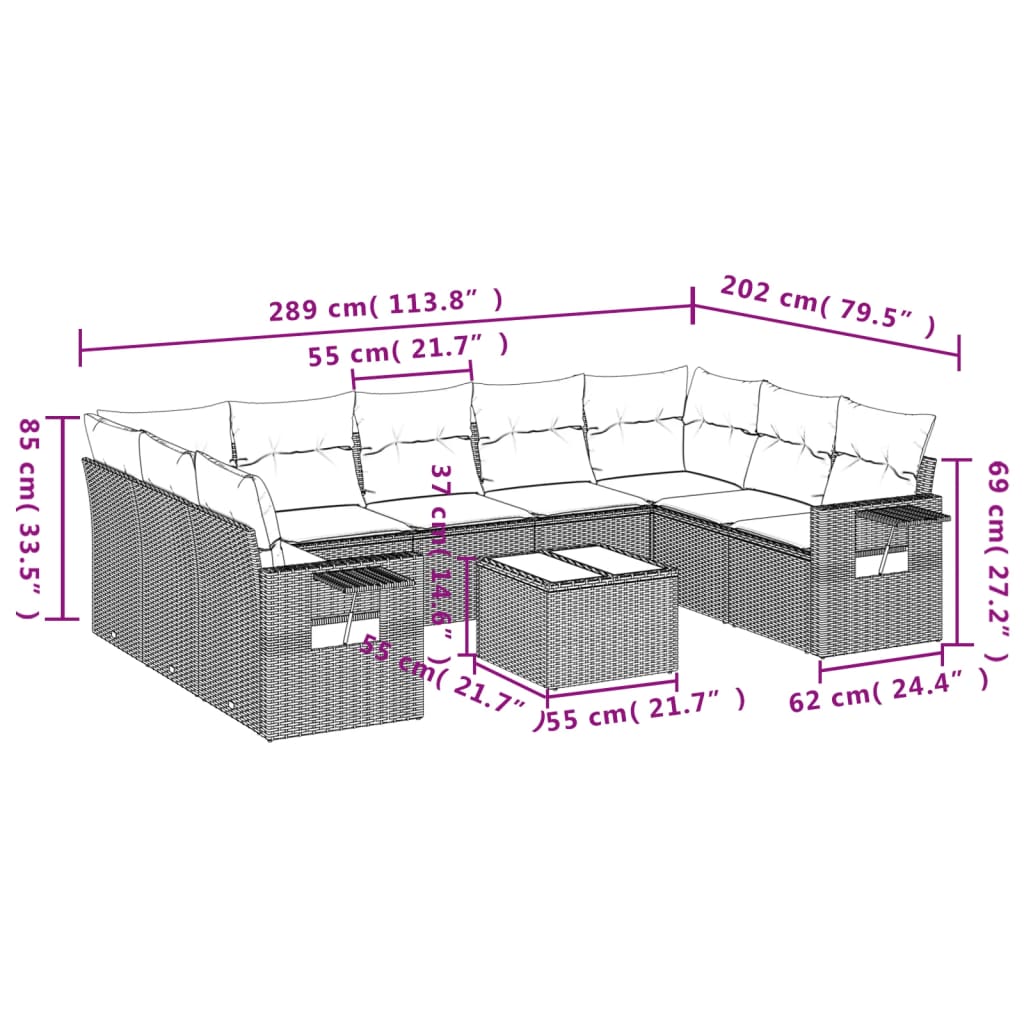 vidaXL Set de sofás de jardín 10 pzas cojines ratán sintético negro