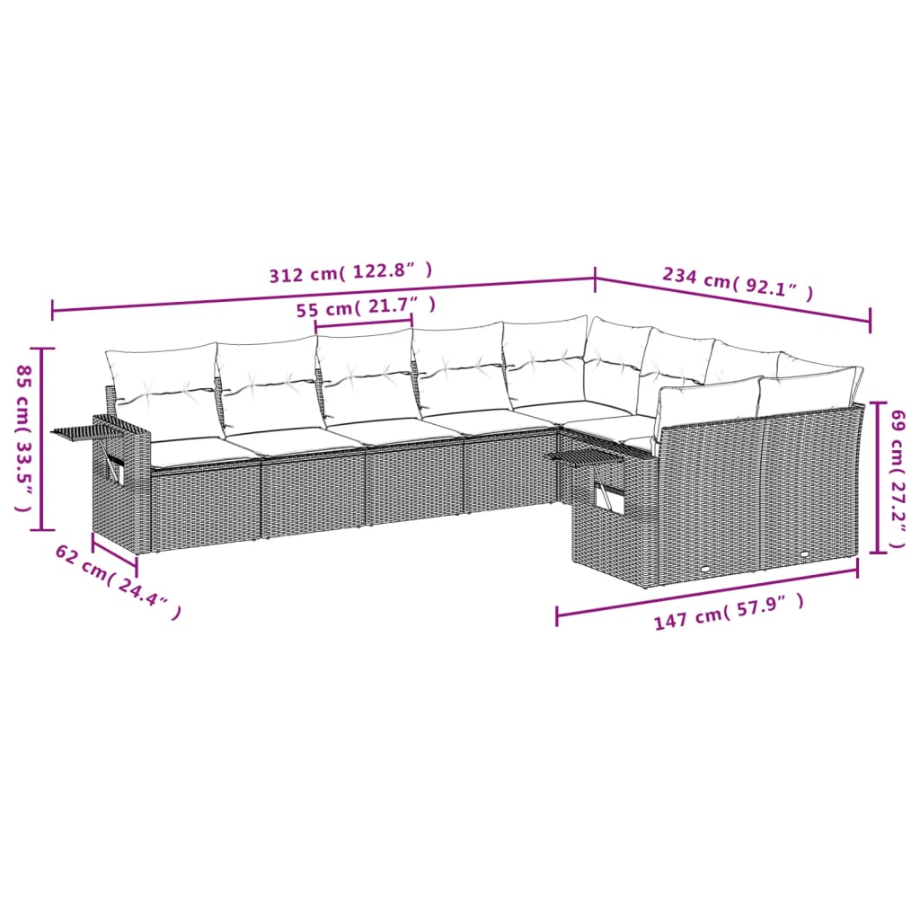 vidaXL Set muebles jardín 9 pzas y cojines ratán sintético gris claro