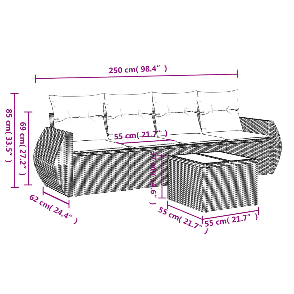 vidaXL Set comedor de jardín 5 piezas y cojines ratán sintético marrón