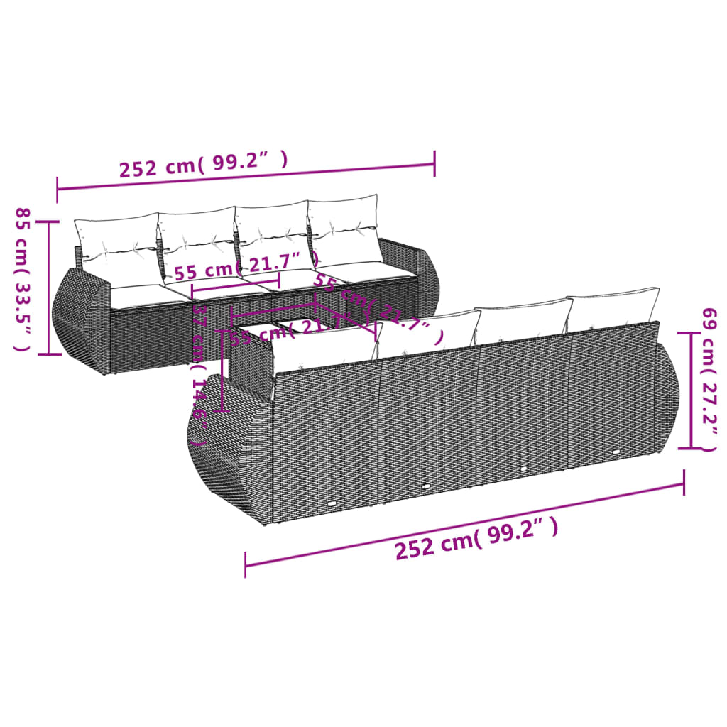 vidaXL Set muebles jardín 9 pzas y cojines ratán sintético gris claro