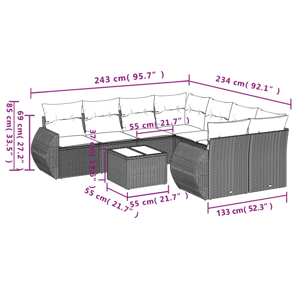 vidaXL Set muebles jardín 9 pzas y cojines ratán sintético gris claro