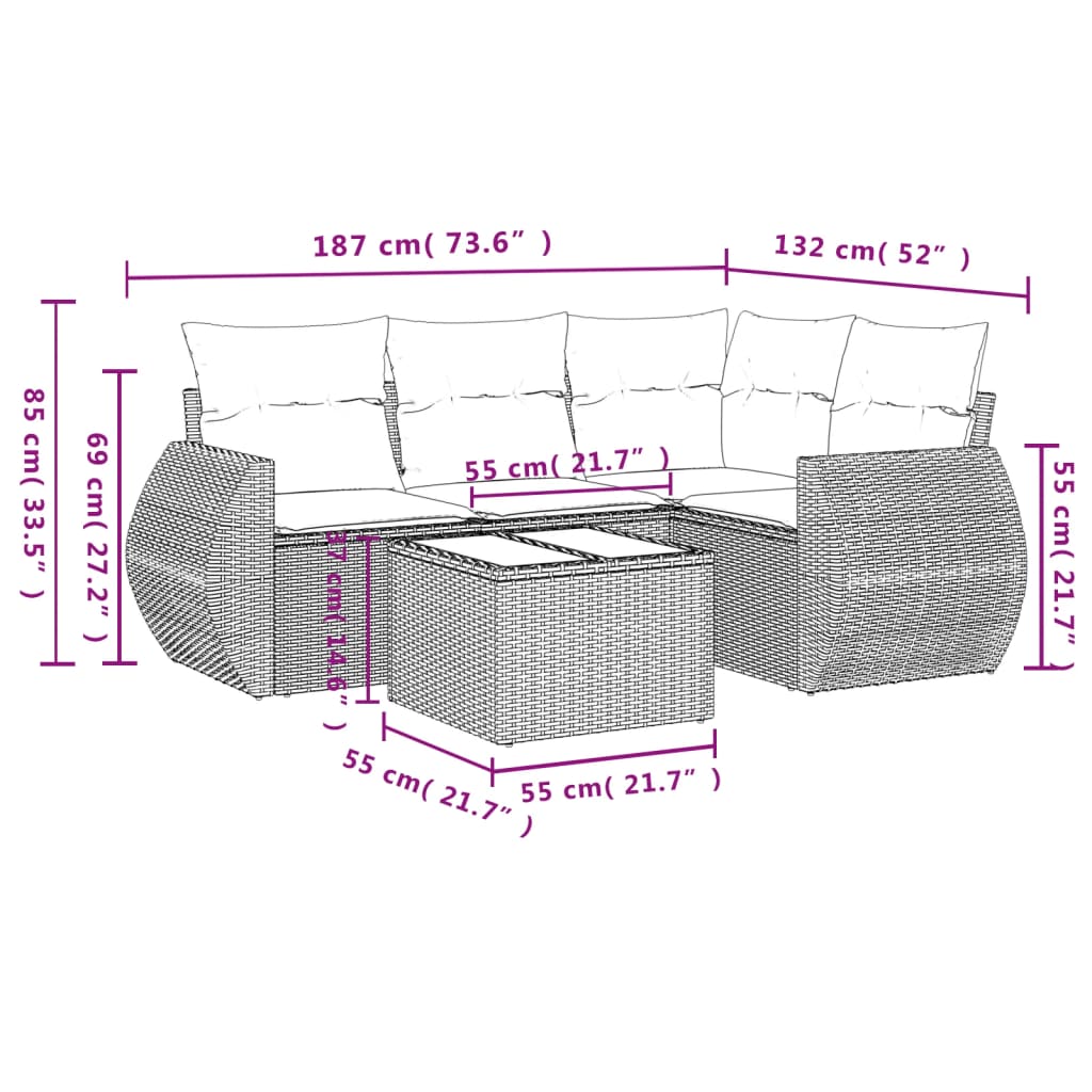 vidaXL Set comedor de jardín 5 piezas y cojines ratán sintético marrón