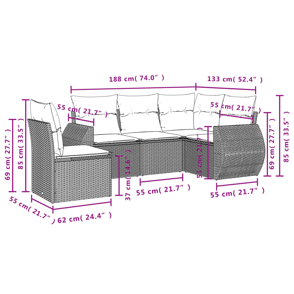 vidaXL Set comedor de jardín 5 piezas y cojines ratán sintético marrón