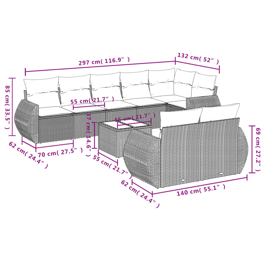 vidaXL Set muebles jardín 9 pzas y cojines ratán sintético gris claro