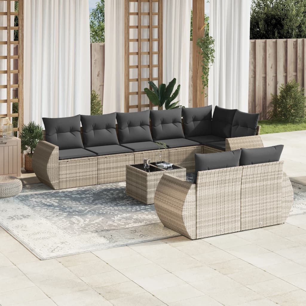 vidaXL Set muebles jardín 9 pzas y cojines ratán sintético gris claro