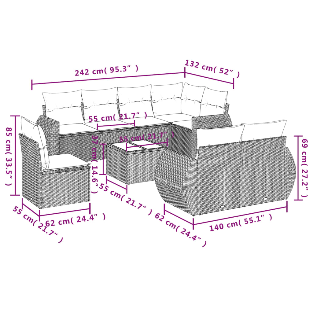 vidaXL Set muebles jardín 9 pzas y cojines ratán sintético gris claro