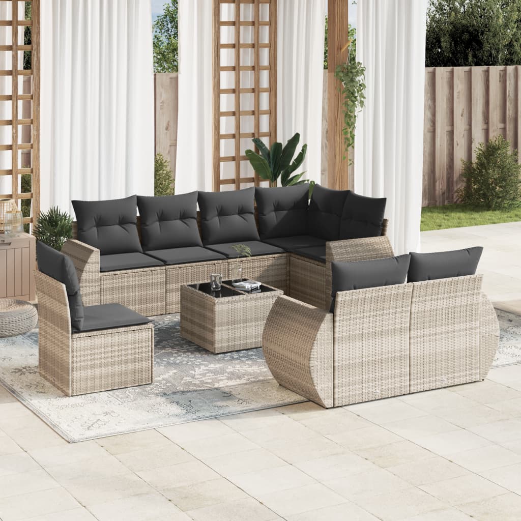 vidaXL Set muebles jardín 9 pzas y cojines ratán sintético gris claro