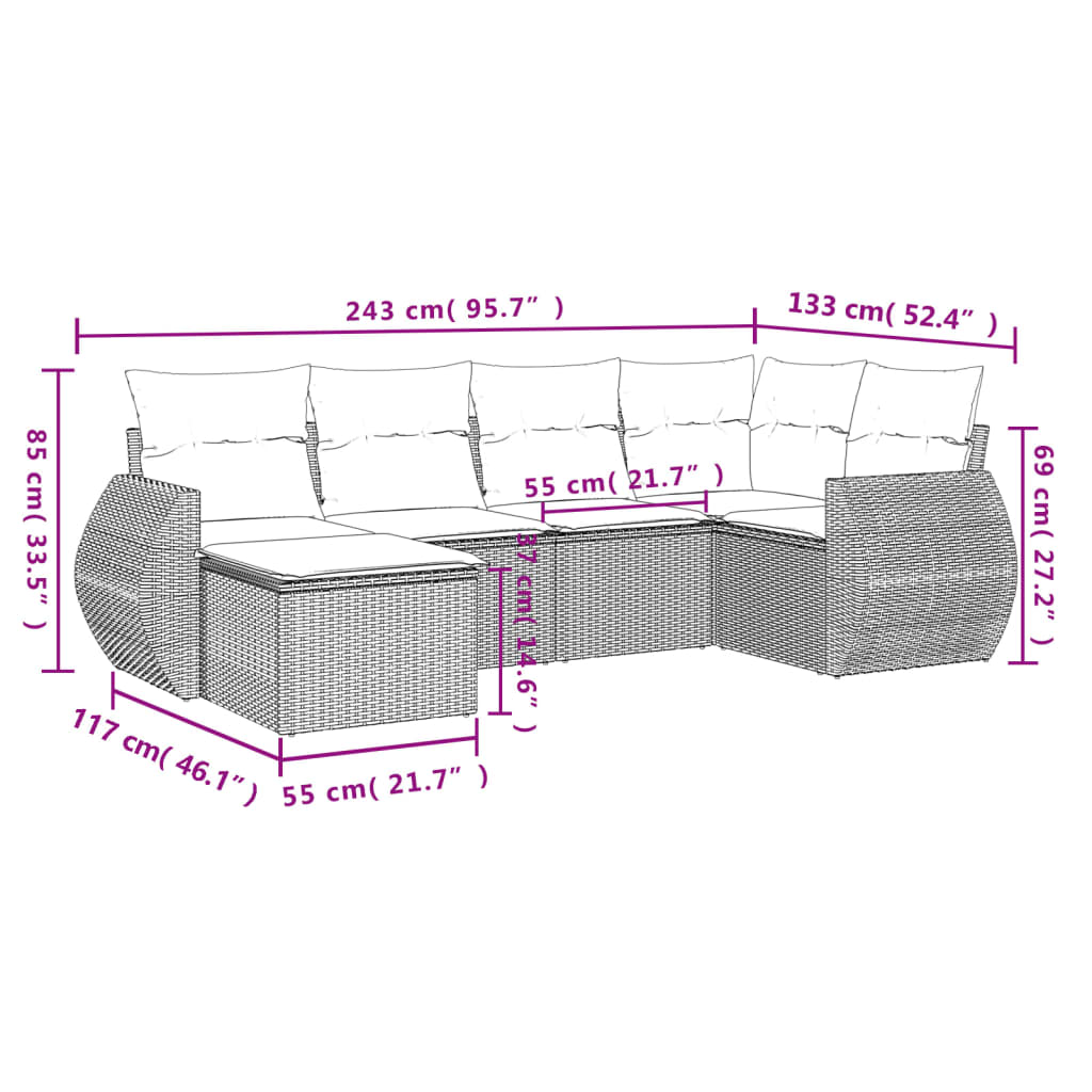 vidaXL Set de sofás de jardín 6 pzas y cojines ratán sintético gris