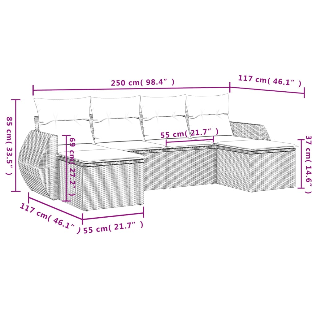 vidaXL Set de sofás de jardín 6 pzas y cojines ratán sintético gris