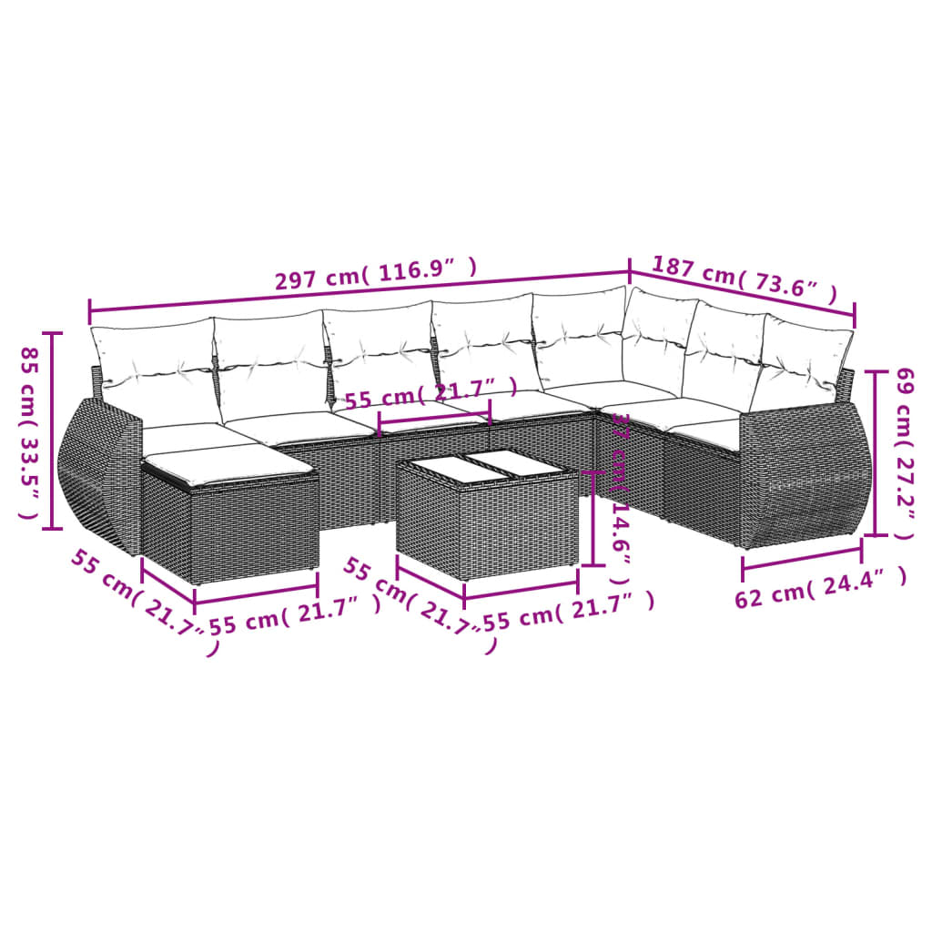 vidaXL Set muebles jardín 9 pzas y cojines ratán sintético gris claro