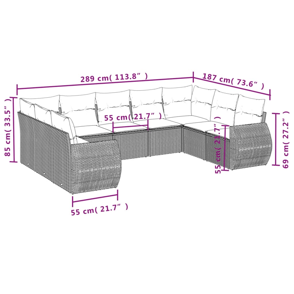 vidaXL Set muebles jardín 9 pzas y cojines ratán sintético gris claro