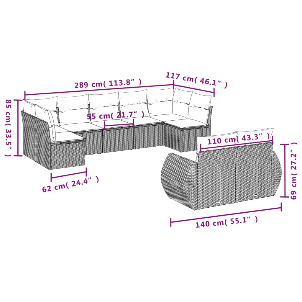 vidaXL Set de sofás de jardín 9 pzas con cojines ratán sintético beige