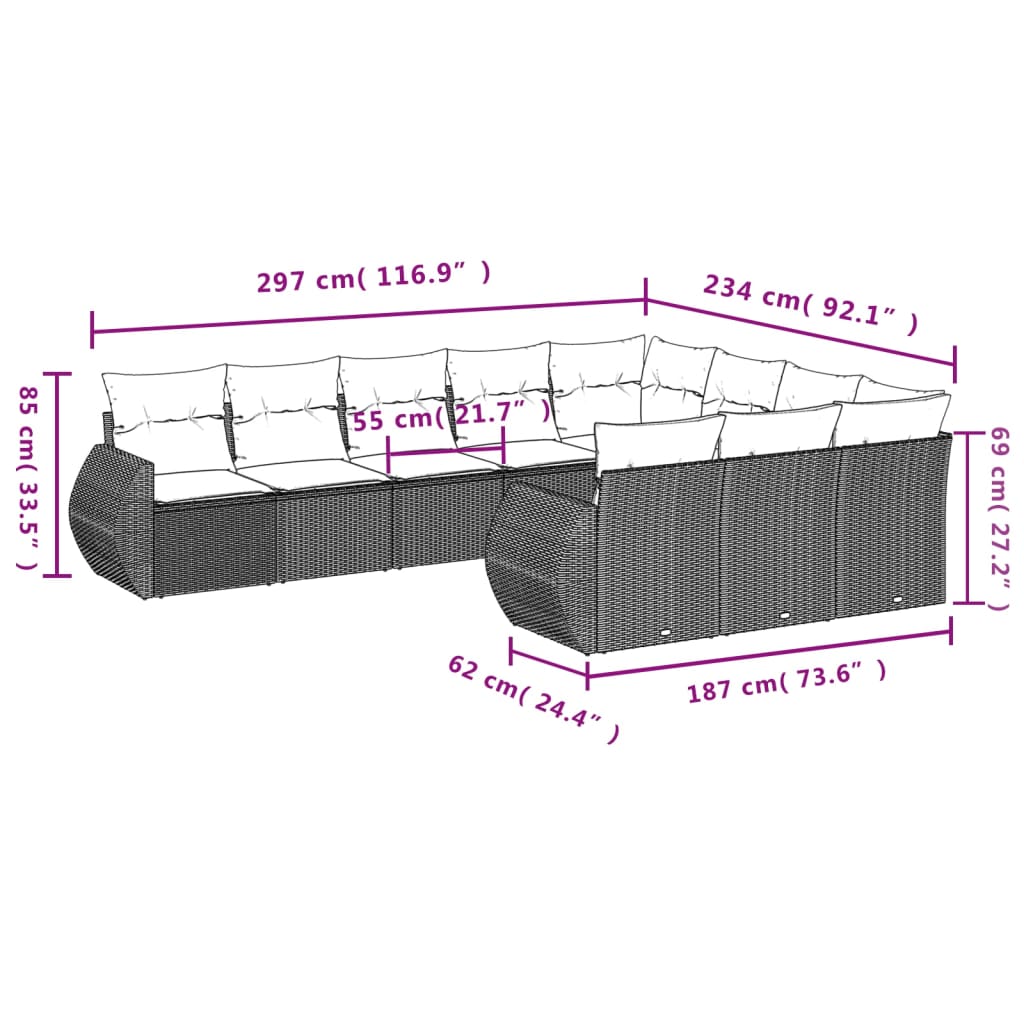 vidaXL Set de sofás de jardín 10 pzas cojines ratán sintético negro