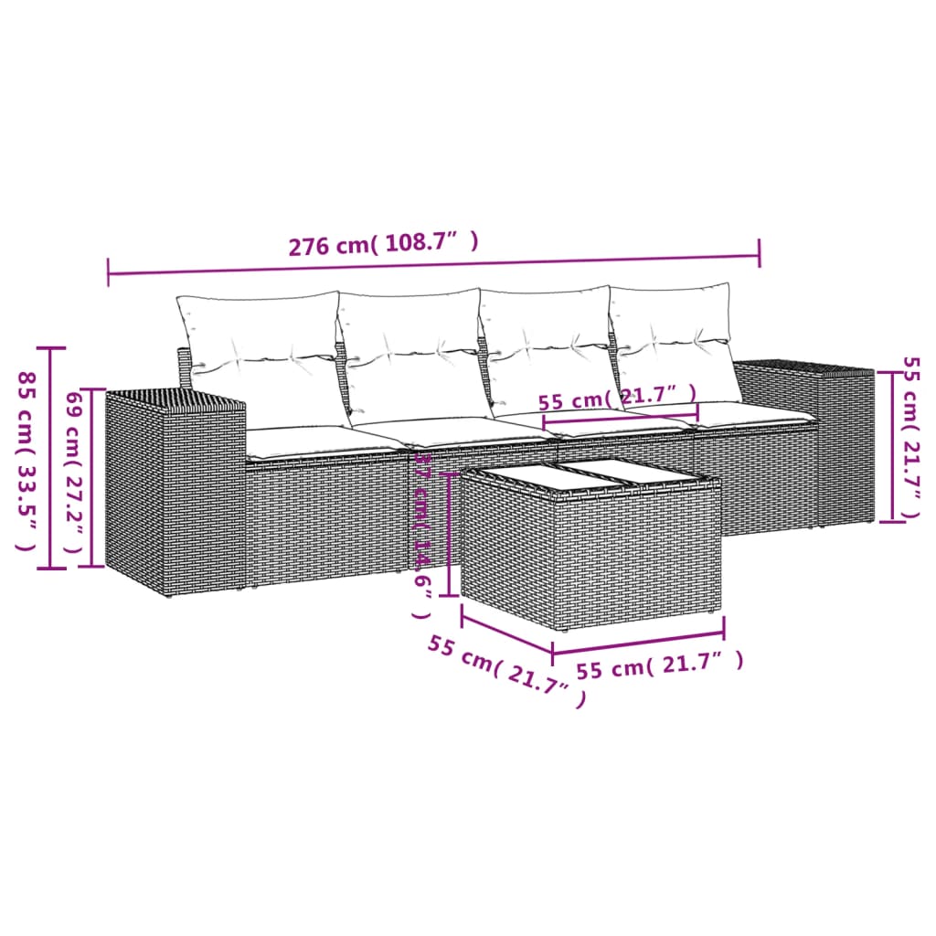 vidaXL Set comedor de jardín 5 piezas y cojines ratán sintético marrón