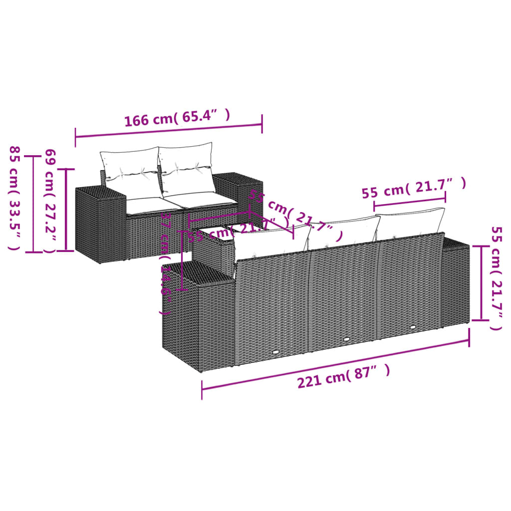 vidaXL Set de sofás de jardín 6 pzas y cojines ratán sintético gris