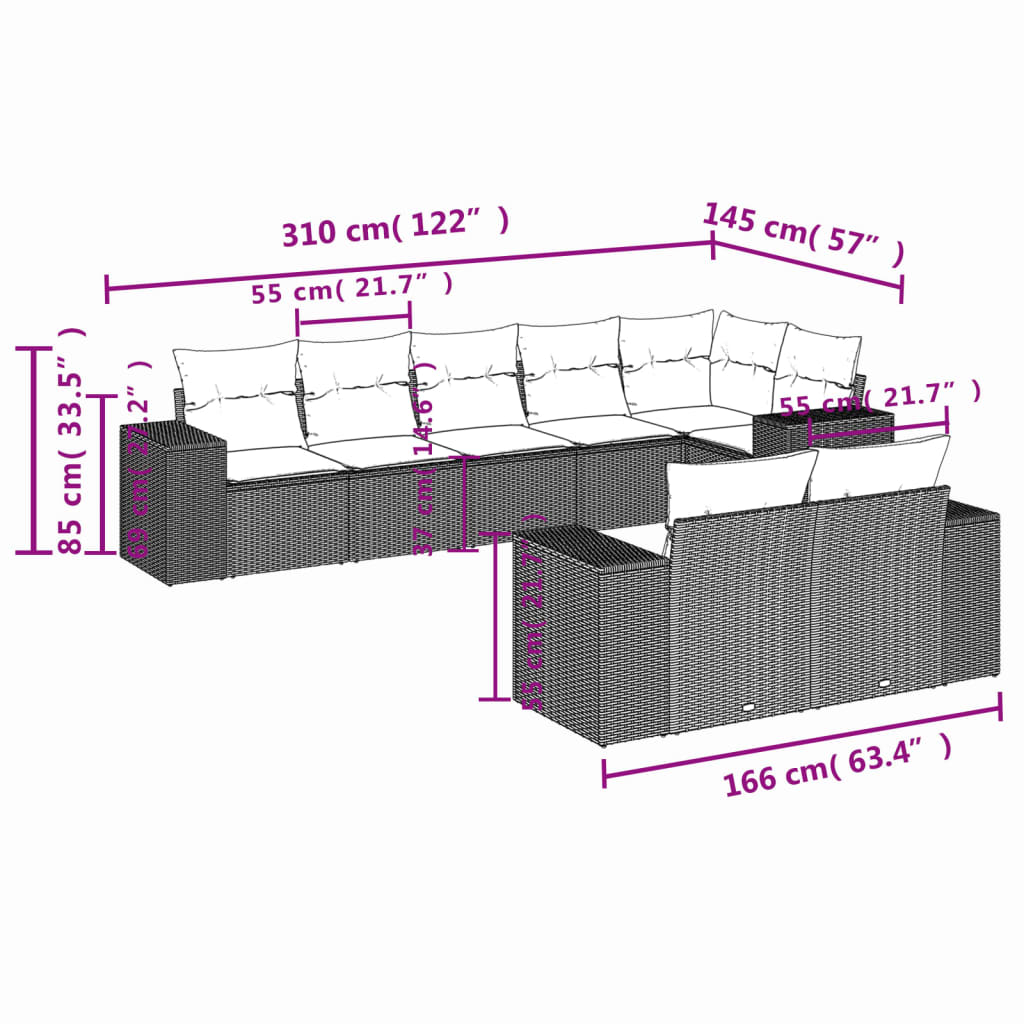 vidaXL Set sofás de jardín 8 piezas y cojines ratán sintético marrón