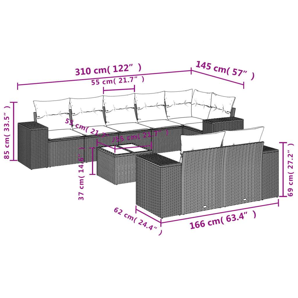 vidaXL Set muebles jardín 9 pzas y cojines ratán sintético gris claro