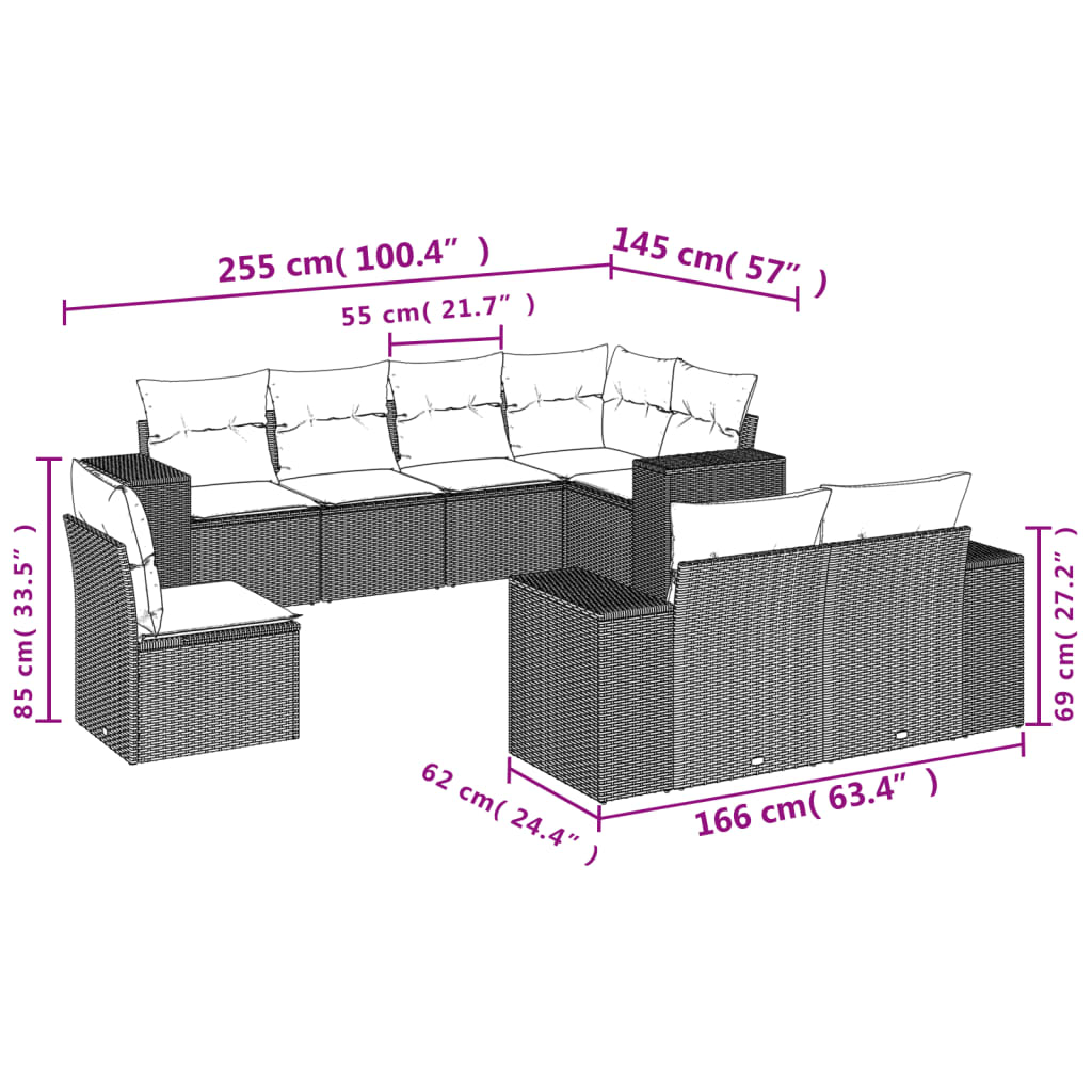 vidaXL Set de sofás de jardín 8 pzas y cojines ratán sintético gris