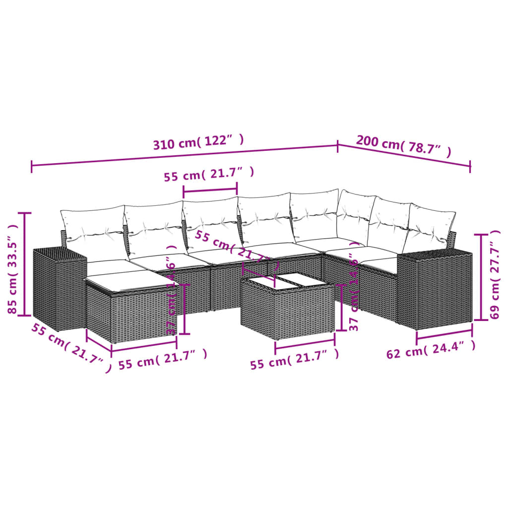 vidaXL Set muebles jardín 9 pzas y cojines ratán sintético gris claro