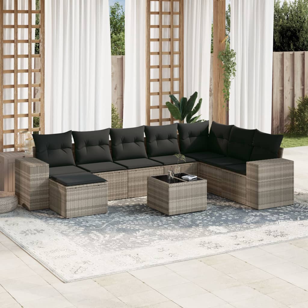 vidaXL Set muebles jardín 9 pzas y cojines ratán sintético gris claro