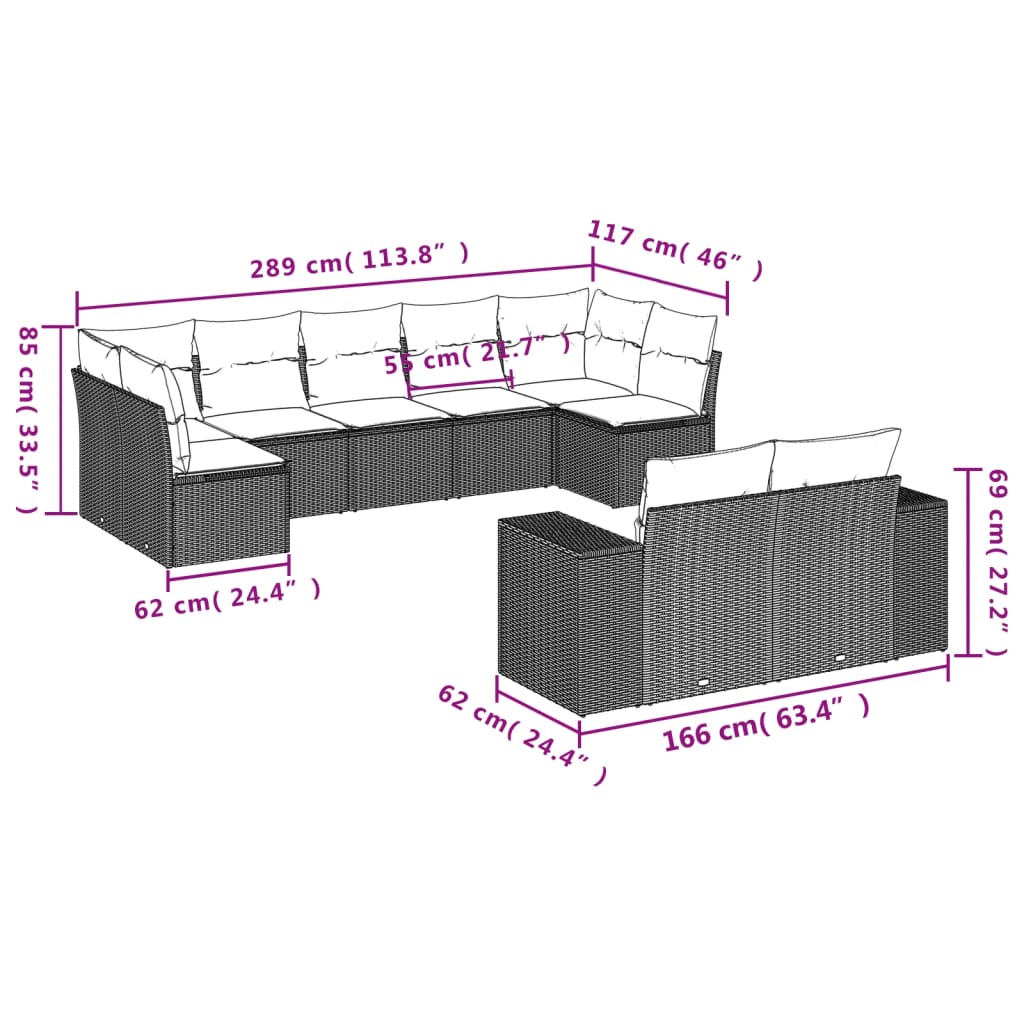 vidaXL Set muebles jardín 9 pzas y cojines ratán sintético gris claro