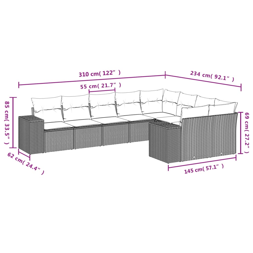 vidaXL Set muebles jardín 9 pzas y cojines ratán sintético gris claro