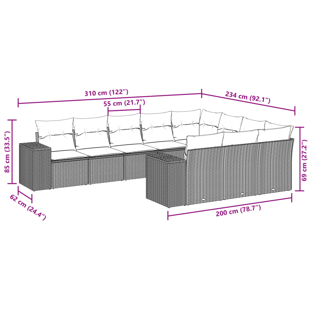 vidaXL Set de sofás de jardín 10 pzas cojines ratán sintético negro