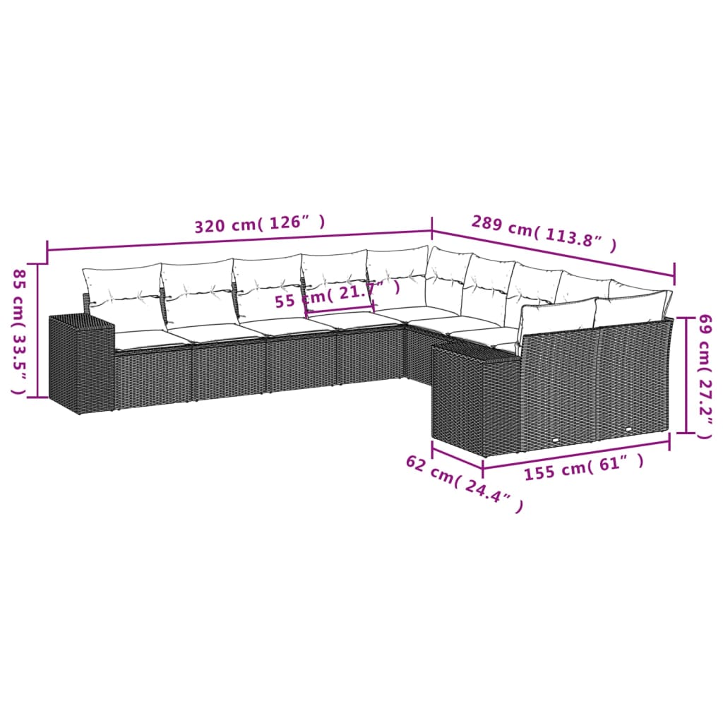 vidaXL Set de sofás de jardín 10 pzas cojines ratán sintético negro