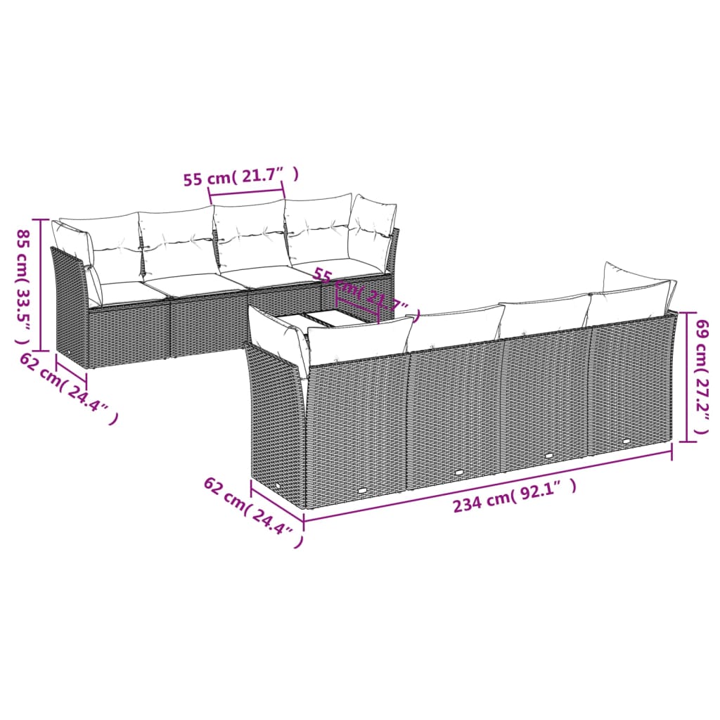 vidaXL Set muebles jardín 9 pzas y cojines ratán sintético gris claro