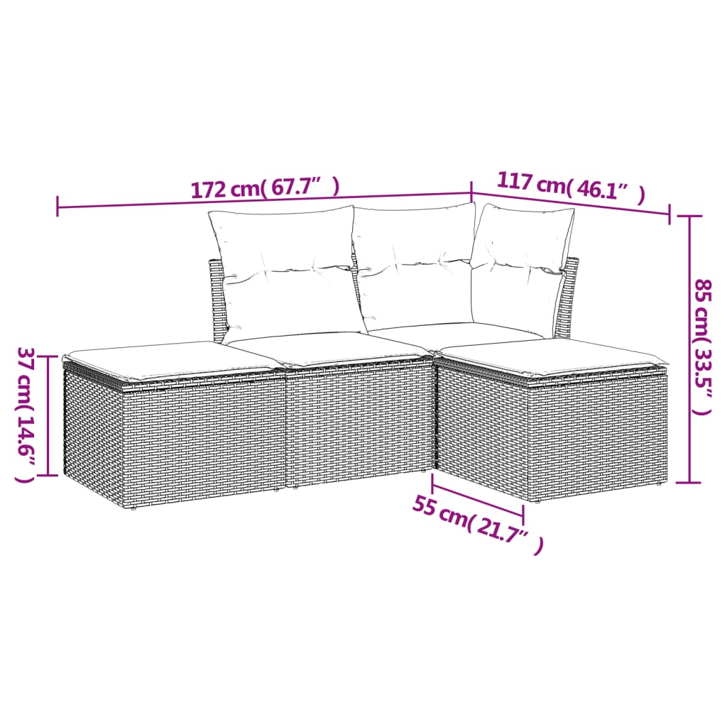 vidaXL Set de sofás de jardín 4 pzas y cojines ratán sintético gris