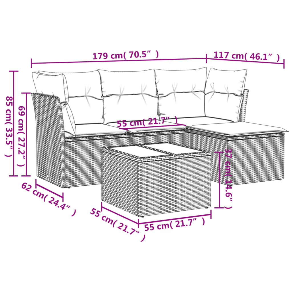 vidaXL Set comedor de jardín 5 piezas y cojines ratán sintético marrón