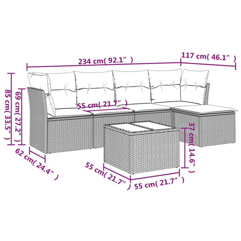 vidaXL Set sofás de jardín 6 piezas y cojines ratán sintético marrón