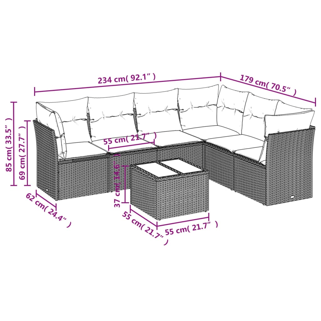 vidaXL Set de sofás de jardín 7 pzas con cojines ratán PE gris claro