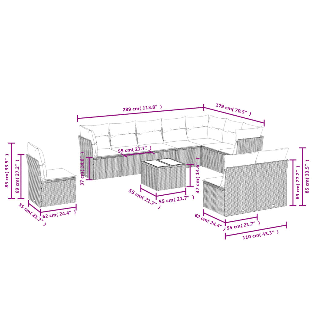 vidaXL Set de sofás de jardín 11 pzas y cojines ratán sintético gris