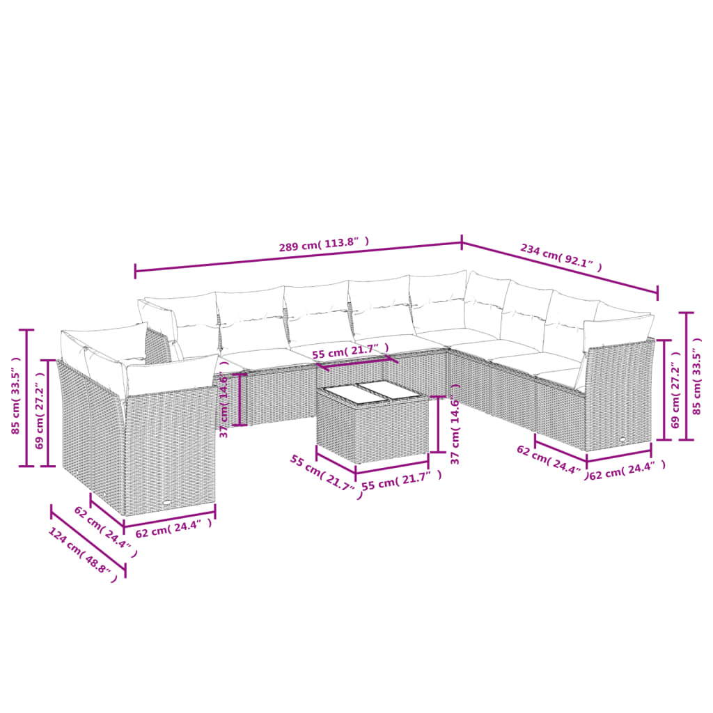 vidaXL Set de sofás de jardín 11 pzas cojines ratán sintético marrón