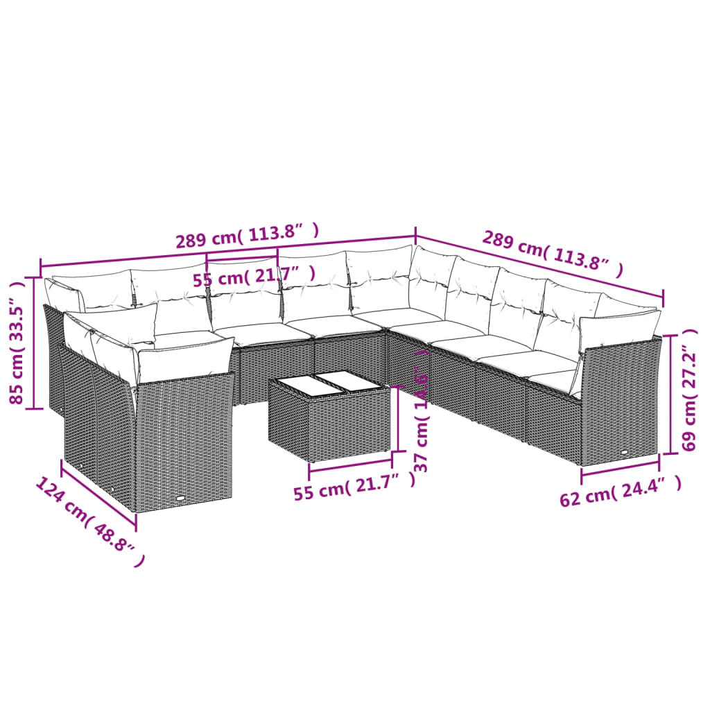 vidaXL Set de sofás de jardín 12 pzas y cojines ratán sintético gris