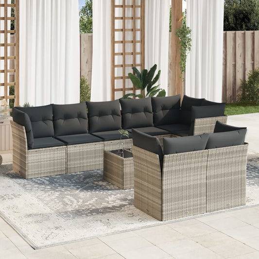 vidaXL Set muebles jardín 9 pzas y cojines ratán sintético gris claro