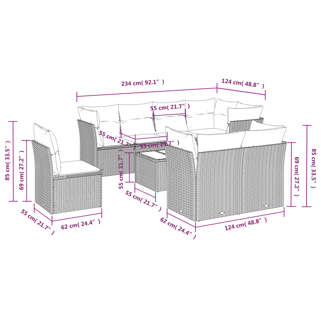 vidaXL Set muebles jardín 9 pzas y cojines ratán sintético gris claro