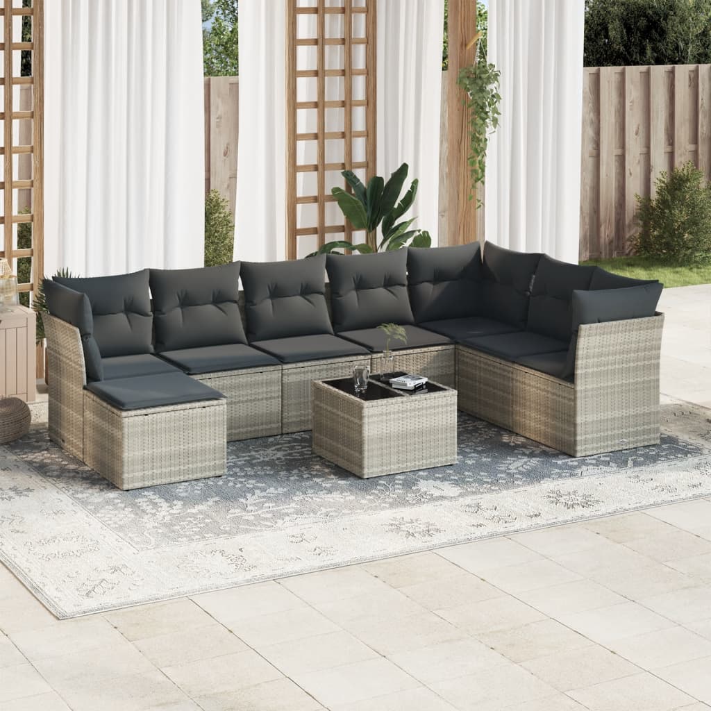 vidaXL Set muebles jardín 9 pzas y cojines ratán sintético gris claro