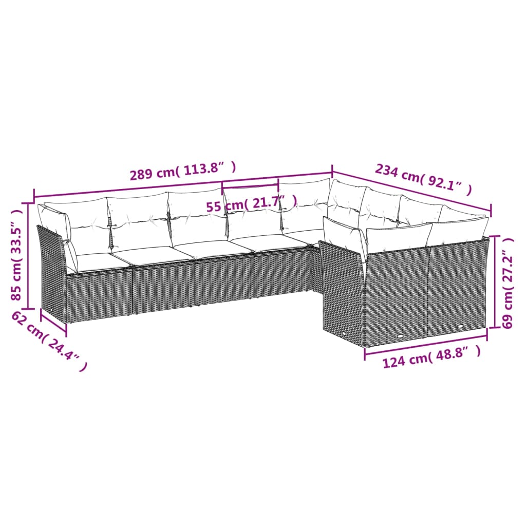 vidaXL Set muebles jardín 9 pzas y cojines ratán sintético gris claro