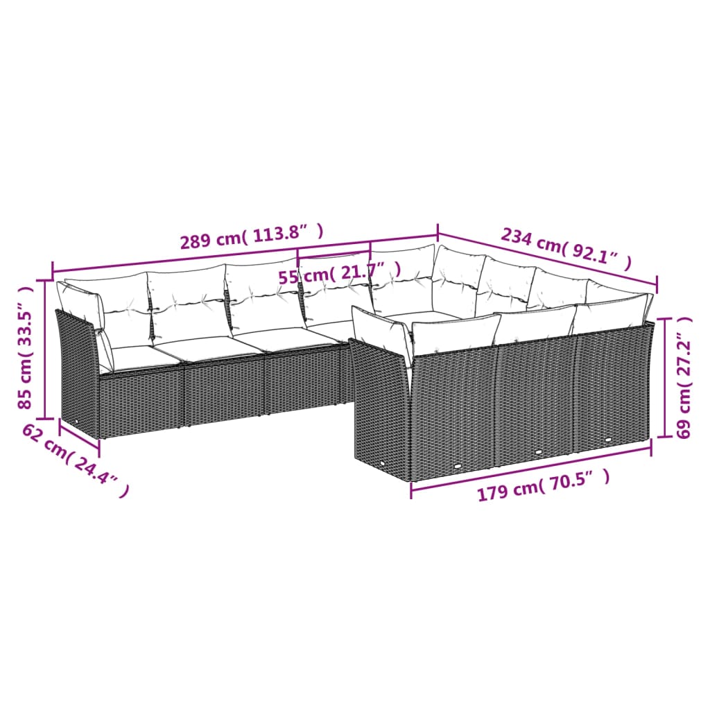 vidaXL Set de sofás de jardín 10 pzas cojines ratán sintético negro