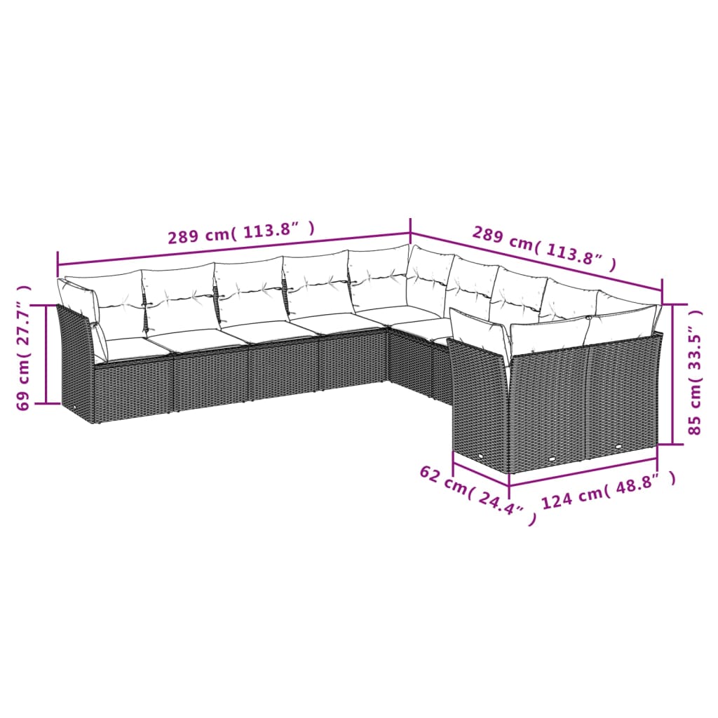 vidaXL Set de sofás de jardín 10 pzas con cojines ratán sintético gris