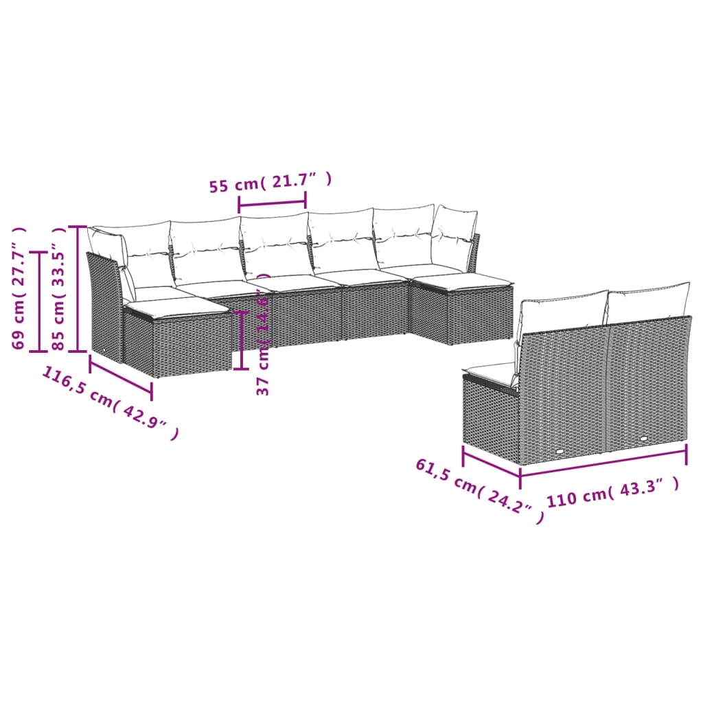 vidaXL Set muebles jardín 9 pzas y cojines ratán sintético gris claro