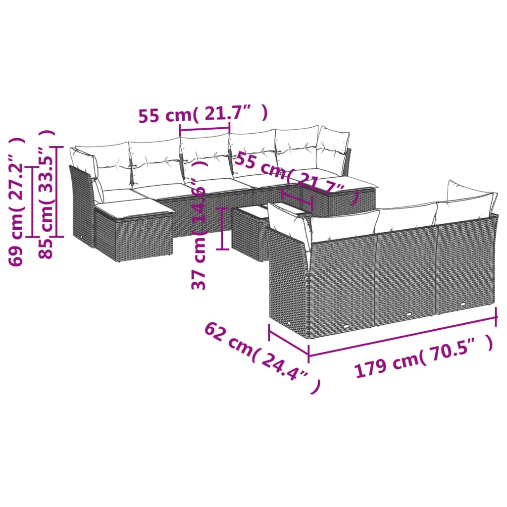 vidaXL Set de sofás de jardín 11 pzas cojines ratán sintético marrón